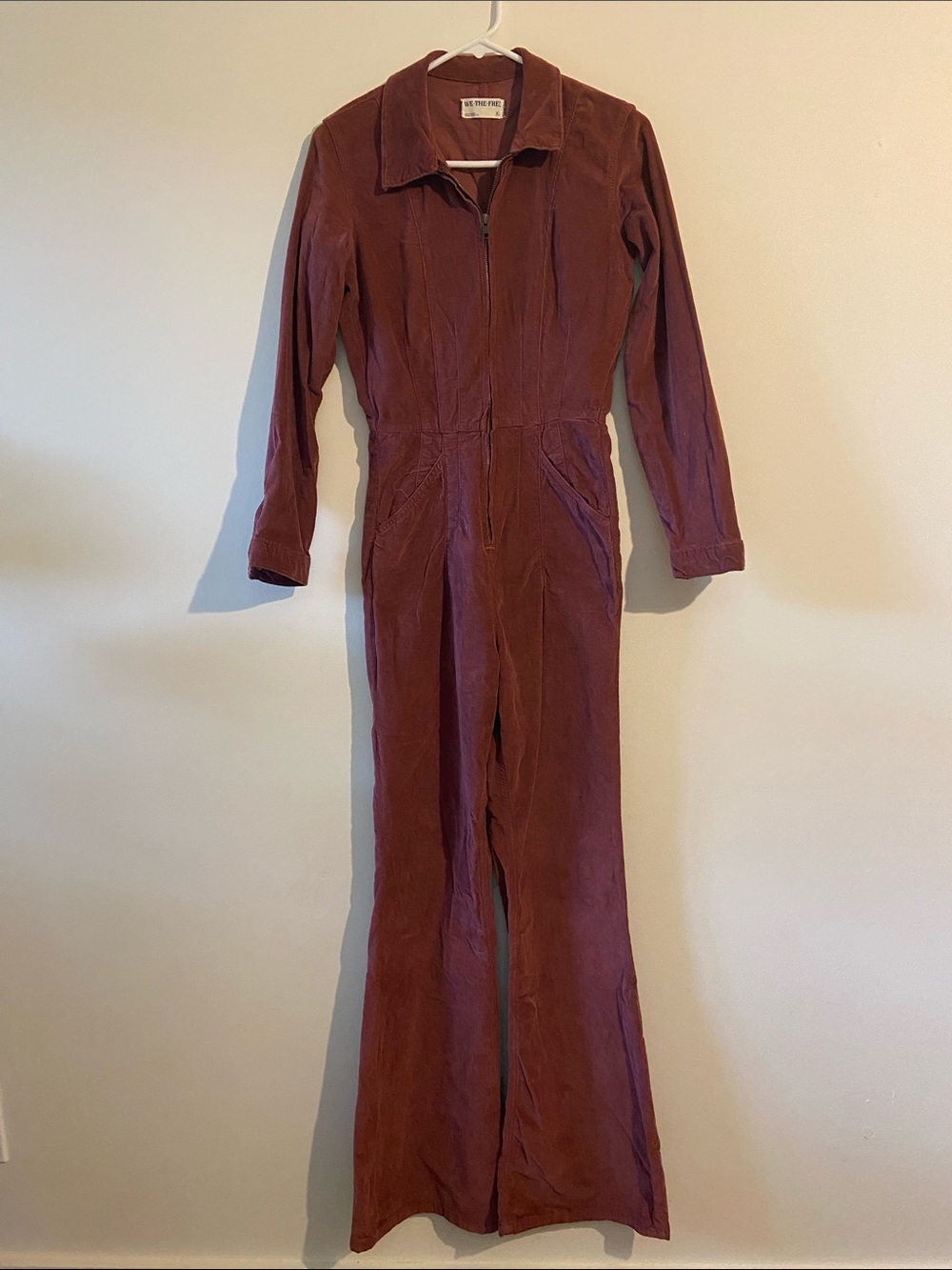 Free People corduroy maroon Zip-Front Long-Sleeve Jumpsuit xs